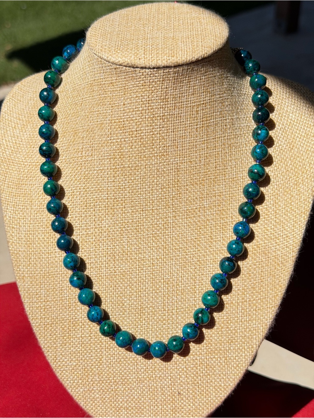 Azurmalachite Bead Necklace - Hand knotted 20”